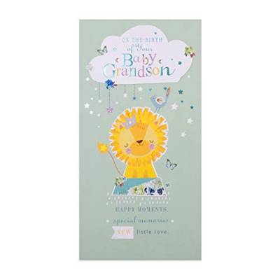 Hallmark Glückwunschkarte zur Geburt des Enkelsohns von Hallmark – niedliches Löwen-Design mit blauen Foliendetails und Edelstein-Anhängern von Hallmark