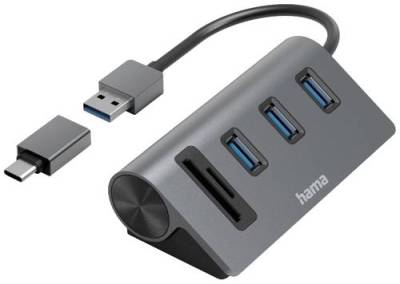 Hama 5 Port USB 3.2 Gen 1-Hub (USB 3.0) mit eingebautem SD-Kartenleser, mit USB-C® Stecker Grau von Hama