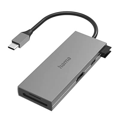 Hama USB C Hub 6 Ports (Multiport Adapter 1x HDMI 4K, 2x USB-A, 1x USB-C zur Übertragung von Daten und zum Laden mit PD, 2x Kartenleser SD und microSD, USB C Adapter 6in1 für Büro, Homeoffice) Alu von Hama
