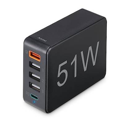 Hama USB-Ladegerät mehrfach -Ladestation 5 Port 51W (5 in 1 Ladegerät mehrere Geräte mit -C PD, QC 3.0, 3x -A, Schnell-Lade-Adapter -Netzteil für iPhone, Samsung etc., 1,2m Kabel) schwarz von Hama