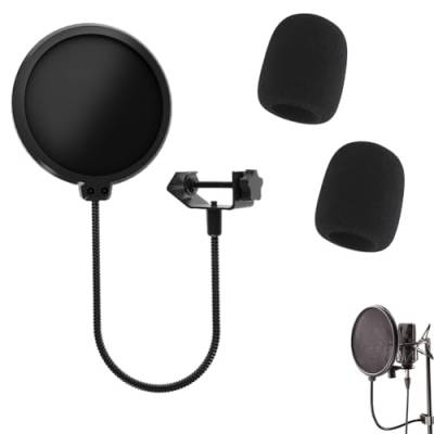 Mikrofon Popschutz, Mikrofon Pop Filter, Popfilter für Mikrofone, Mit 2 Mikrofonabdeckung Schaumstoff, Doppellagiger Wind-Pop-Schutz für Mikrofone mit 360° Schwanenhals Clip für die Meisten Mikrofone von Helweet