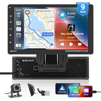 1 Din Autoradio mit Carplay Android Auto, 9'' Abnehmbares Bildschirm mit Bluetooth Freisprecheinrichtung, 1080P HD Touchscreen Auto Radio Unterstützen MirrorLink FM SWC USB AUX+Rückfahrkamera von Hikity