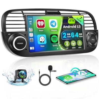 2G+64G Android 13 Autoradio für FIAT 500 (2007-2015) Radio Wireless CarPlay Android Auto, 7" Autoradio mit Bildschrim Display Bluetooth Freisprecheinrichtung GPS WiFi FM RDS Rückfahrkamera Schwarz von Hikity