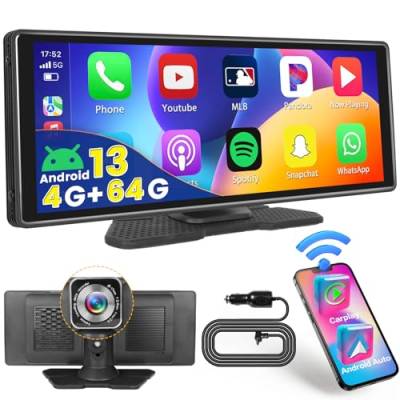 4G 64G Wireless Carplay Android Auto Tragbares Autoradio mit Navi 10,26 Zoll Touchscreen Android 13 Carplay Tragbares mit WiFi GPS Mirror Link Bluetooth FM Transmitter von Hikity