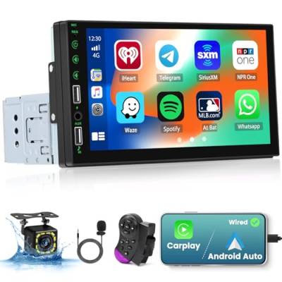 Hikity 1 Din Autoradio Apple CarPlay Android Auto Bluetooth Bildschirm 7 Zoll Radio Car Play Touch Display mit FM Rückfahrkamera von Hikity