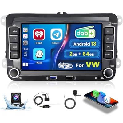 Hikity 2+64G DAB/DAB+ Android 13 Autoradio 2din Wireless Carplay für VW Golf 5 6 Passat B6 7 Touran Skoda Polo 7Zoll Auto Radio mit Android Auto GPS WiFi RDS FM Bluetooth Canbus Rückfahrkamera von Hikity