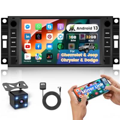 Hikity Android Autoradio für Jeep mit 7 Zoll Bildschirm Bluetooth Freisprecheinrichtung, Autoradio mit Navi Doppel Din für Dodge Ram Challenger Chrysler Touch FM/WiFi/USB/Mirror Link+Rückfahrkamera von Hikity