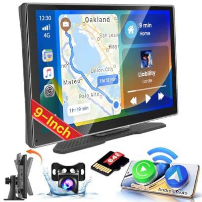 Hikity Tragbares Carplay Autoradio mit 9" Bildschirm Drahtlosem Apple Carplay Android Auto Mirror Link Unterstützung FM Transmitter Bluetooth USB AUX+64GB TF Karte+AHD Rückfahrkamera 7-32V von Hikity