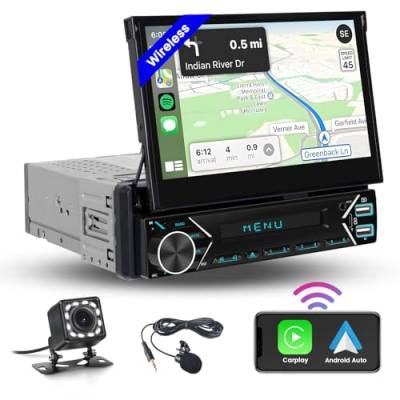 Hikity Wireless CarPlay 1 Din Autoradio mit 7 Zoll Motorisierte Bildschirm Android Auto, Touchscreen Autoradio Bluetooth mit FM Radio USB Type-C AUX Rückfahrkamera von Hikity