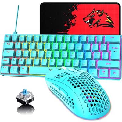 60% UK-Layout Kabelgebundene Gaming-Tastatur und -Maus, 62Keys Mini Compact Mechanical Keyboard, 19 Rainbow Lighting Effect + 6 RGB Lighting Effect Leichte Maus mit 6400 DPI (blau/Blauer Schalter) von Hoopond