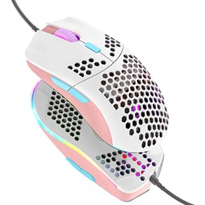 Hoopond Kabelgebundene Gaming-Maus, leichte 69-G-Maus mit Wabenschale und 6400 DPI, programmierbare USB-Gaming-Mäuse mit 6 Tasten, für PC-Gamer und Xbox- und PS4-Benutzer - Pink White Mixed von Hoopond