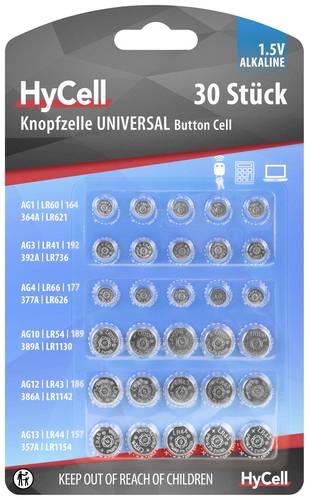 HyCell Knopfzellen-Set je 5x AG 1, AG 3, AG 4, AG 10, AG 12, AG 13 von HyCell