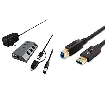 ICY BOX IB-Hub1405 4-Fach USB 3.0 Hub und Ladegerät, An-/Ausschalter für jeden Port, Netzteil (5V/4A), Aluminium, Ladestandard BC 1.2, grau & Amazon Basics USB 3.0 A-Stecker-B-Stecker-Kabel (1,8 m) von ICY BOX