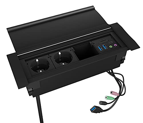 ICY BOX Tischsteckdose mit USB, versenkbar, USB 3.0 Hub, Kartenleser, Audio, Dual Steckdose, Aluminium, Schutzklappe, Schwarz, IB-TS401-4 von ICY BOX