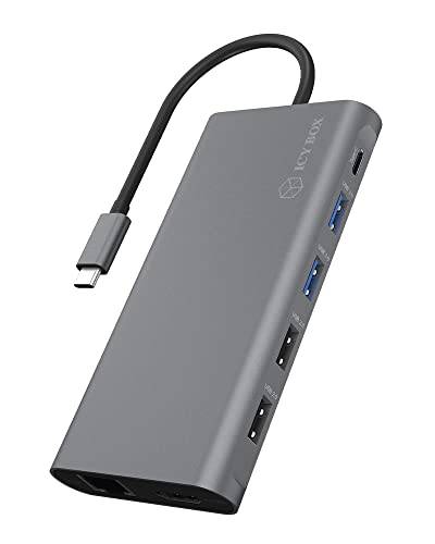 ICY BOX USB-C Docking Station (12-in-1) für 3 Monitore (2x HDMI & 1x DP), 4K 60HZ, 3-fach USB 3.0 HUB, 100W Power Delivery, Gigabit Ethernet, Kartenleser, Grau von ICY BOX