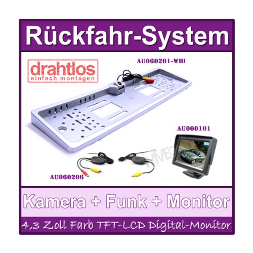 IMMEGE Rückfahrsystem Einparkhilfe : 170° Farb Rückfahrkamera Nummernschild Kennzeichen + Rückfahrkamera kabellos Funk + 4,3" TFT LCD Digital Monitor Bildeschirm (AU060201-WHI+AU060206+AU060101) von IMMEGE