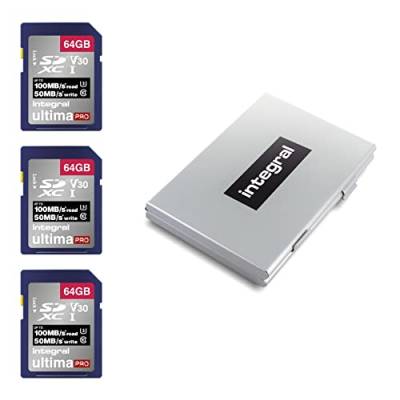 Integral 64 GB 3-Pack SD-Karte 4K Ultra-HD-Video High Speed SDXC V30 UHS-I U3 Class 10 Speicherkarte bis zu 100 MB/s, Farbe kann variieren von Integral