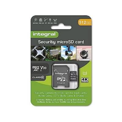 Integral Micro SD Sicherheitskarte 512 GB für Dashcams, Home Cams, CCTV, Body Cams und Drohnen Verlängerte Lebensdauer und zuverlässige Aufnahmezeit für Zeit mit hoher Ausdauer von Integral