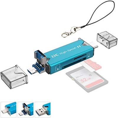 JJC Metall USB 3.0 Kartenleser mit USB 3.0, Micro USB 2.0 und Typ-C USB 3.0 Ports für SDXC, SDHC, SD, Micro SD, Micro SDXC, Micro SDHC für Micro OTG/USB-C OTG fähige Handys oder Tablets (blau) von JJC