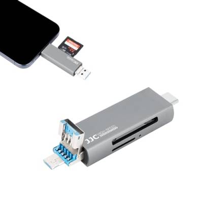 JJC Metall USB 3.0 SD Kartenleser, 3-in-1 USB 3.0 Micro USB 2.0 USB-C 3.0 mit Zwei Kartenschlitzen Externer Kartenleser für SD SDHC SDXC Micro SD TF Micro SDHC Micro SDXC UHS-I Speicherkarten (Grau) von JJC
