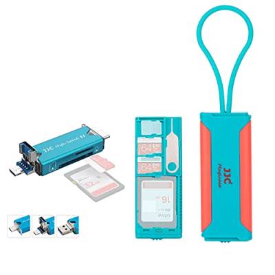 JJC Speicherkarten-Hülle mit USB 3.0 Multifunktions-Kartenleser, schlank, tragbar, Reisehalter, Aufbewahrung für 1 SD + 2 TF + 1 Nano-SIM-Karte (Blau & Pink) von JJC