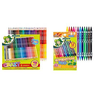 JOLLY Superstick Crazy Farbstifte 24 Stifte mit 48 Farben & Superstar DUO Fasermaler | Eine dicke und eine dünne Spitze | Hochwertiger Filzstift | Auswaschbar | 12 Stück im Kartonetui von JOLLY
