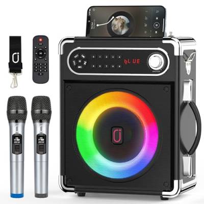 JYX Karaoke Anlage mit 2 drahtlosen Mikrofonens, Tragbares PA-System Karaoke Lautsprecher Höhen/Bass und LED-Licht, Unterstützt TWS, USB/TF/FM-Radio, Rec, Versorgung für Party,Draußen,Drinnen von JYX