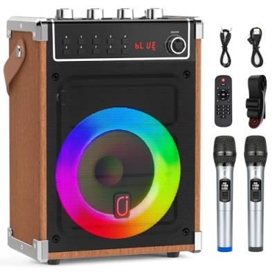 JYX Karaoke-Maschine mit 2 UHF-Funkmikrofonen, Bluetooth-Lautsprecher mit Bass-/Höhen-Einstellung und LED-Licht, PA-Systemunterstützung TWS, AUX in, FM, Rec, Versorgung für Party/Erwachsene/Kinder von JYX