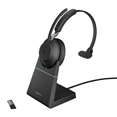 Jabra Evolve2 65 Wireless PC Headset with Charging Stand – Noise Cancelling UC Certified Mono Headphones With Long-Lasting Battery – USB-A Bluetooth Adapter – Black von Jabra