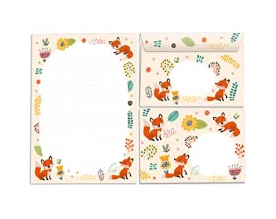 Briefblock mit Umschlag für Kinder Fuchs Tiere Briefpapier-Set für Mädchen (Block A5 mit 25 Blätter + 15 Umschläge) von Junapack