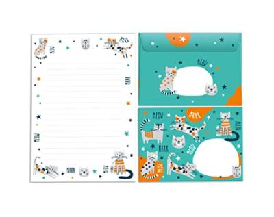Briefpapier-Set für Kinder lustige Katzen Tiere Briefblock mit Umschlag für Mädchen und Jungen (Block A5 mit 25 Blätter + 15 Umschläge) von Junapack