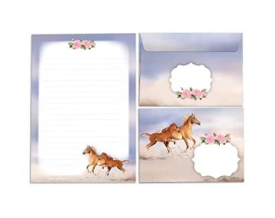 Briefpapier-Set für Mädchen Pferd mit Fohlen Briefblock mit Umschlag für Kinder (Block A5 mit 25 Blätter + 15 Umschläge) von Junapack