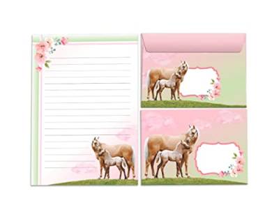 Briefpapier-Set für Mädchen Pferd mit Fohlen Pferde Briefblock mit Umschlag für Kinder (Block A5 mit 25 Blätter + 15 Umschläge) von Junapack