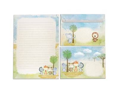 Briefpapier-Set für Mädchen und Jungen Tiere Affe Zebra Giraffe Nashorn Briefblock mit Umschlag für Kinder (Block A5 mit 25 Blätter + 15 Umschläge) von Junapack