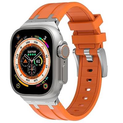 KADES 49mm 45mm 44mm 42mm für Apple Watch Ultra 2 Armband,Flüssigsilikonkautschukarmband für iWatch Ultra 2/Ultra,Series 9/8/7/6/5/4/3/2/1/SE,luxuriöses AP-Gummiarmband mit Edelstahladapter,Orange von KADES