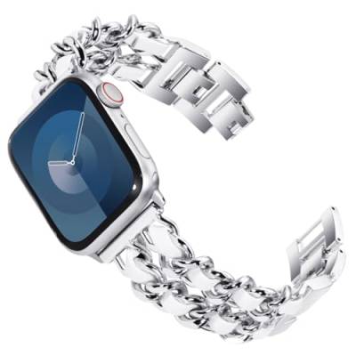 KADES Kompatibel mit Apple Watch Armband Series 9 45mm,Damen Edelstahl Armband Gliederarmband Ersatzarmband für iWatch Armband 49mm 45mm 44mm 42mm Ultra/SE/Series 9 8 7 6 5 4 3 2 1,Silber//Weiß von KADES