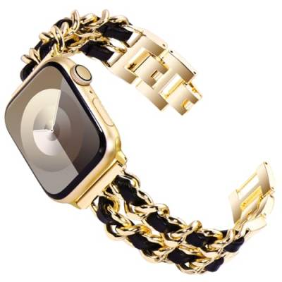 KADES Kompatibel mit Apple Watch Armbands Series 8 41mm, Damen Edelstahl Armband Gliederarmband Ersatzarmband für iWatch Armband 41mm 40mm 38mm Series 8 7 SE 6 5 4 3 2 1, Gold mit schwarzem Leder von KADES