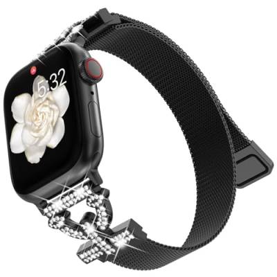 KADES Magnetisches Armband kompatibel mit Apple Watch Armband 45mm 44mm 42mm, Bling Diamant Strass Edelstahl-Maschen-Loop für Apple Watch Series SE 9 8 7 6 5 4 3 2 1 45mm 44mm 42mm Frauen,Schwarz von KADES