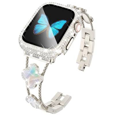 Vierblättriges Kleeblatt-Armband für Apple Watch, 40 mm, mit vollständiger Diamant-Schutzhülle, eingebauter Displayschutz aus gehärtetem Glas für Starlight Apple Band Serie SE 6 5 4 für Frauen (40 mm, von KADES