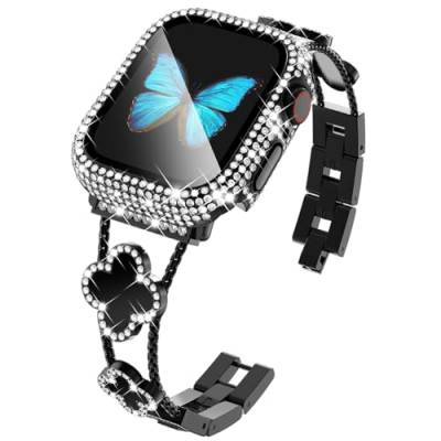 Vierblättriges Kleeblatt-Armband für Apple Watch, 41 mm, mit vollständiger Diamant-Schutzhülle, integrierter Displayschutzfolie aus gehärtetem Glas für schwarze Apple Band Serie 9, 8, 7 für Damen (41 von KADES