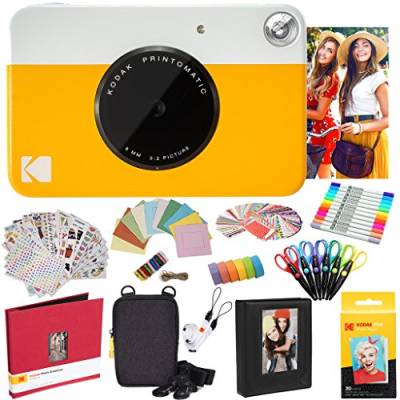 KODAK Printomatic Instant Camera (Gelb) Komplettpaket + Zinkpapier (20 Blatt) + Luxusetui + Fotoalbum + 7 Aufklebersätze + Marker + Scheren + Randaufkleber und mehr von KODAK