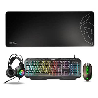 KROM Pack Gaming KARRIER - RGB Rainbow LED, Folientastatur, optische Maus mit 3600 DPI, 50-mm-Stereokopfhörer, rutschfeste Gummimatte, spanisches Layout, Farbe Schwarz von KROM