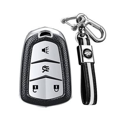 KUNIO Autoschlüssel Hülle Passt für Cadillac XT5 ATS SRX STS XTS ATS-L Escalade ESV CT6 Cts TPU Leder-Textur Schlüsselhülle Schlüsselanhänger Schlüsselbund Schlüsseletui 4 Tasten Silber von KUNIO