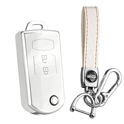 KUNIO Klapp Schlüsselhülle Passt für Mazda 2 3 M2 M6 RX8 CX9 MX5 MPV BT50 TPU Autoschlüssel Hülle Schlüsselanhänger Schlüsselbund Schlüsseltasche 2 Tasten A Weiß von KUNIO