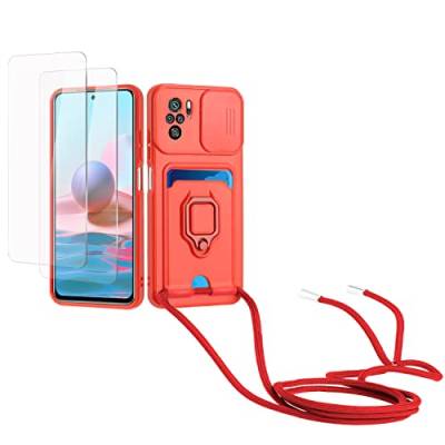 Kaslly Case für Redmi Note 10 4G/Note 10S Handykette Hülle+[2 Schutzfolie Glas],Slide kameraschutz,Silikon Handyhülle zum Umhängen Kette,Kartenfach-rot von Kaslly