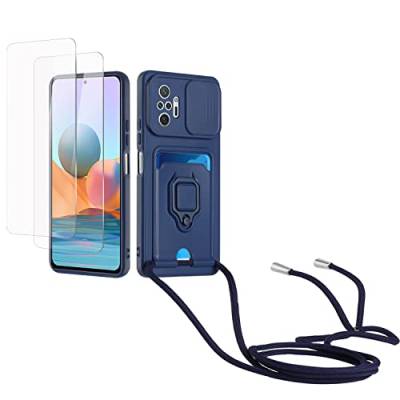 Kaslly Case für Redmi Note 10 Pro/Note 10 Pro Max Handykette Hülle+[2 Schutzfolie Glas],Slide kameraschutz,Silikon Handyhülle zum Umhängen Kette,Kartenfach-Navy blau von Kaslly