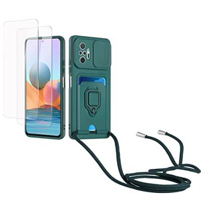 Kaslly Case für Redmi Note 10 Pro/Note 10 Pro Max Handykette Hülle+[2 Schutzfolie Glas],Slide kameraschutz,Silikon Handyhülle zum Umhängen Kette,Kartenfach-dunkelgrün von Kaslly