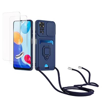 Kaslly Case für Redmi Note 11 4G/Note 11S(6.43'') Handykette Hülle+[2 Schutzfolie Glas],Slide kameraschutz,Silikon Handyhülle zum Umhängen Kette,Kartenfach-Navy blau von Kaslly