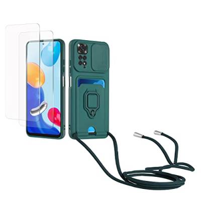 Kaslly Case für Redmi Note 11 Pro/Note 11 Pro 5G Handykette Hülle+[2 Schutzfolie Glas],Slide kameraschutz,Silikon Handyhülle zum Umhängen Kette,Kartenfach-dunkelgrün von Kaslly