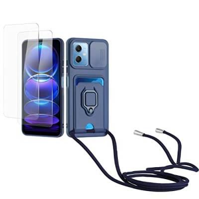 Kaslly Case für Redmi Note 12 5G/Xiaomi Poco X5 Handykette Hülle+[2 Schutzfolie Glas],Slide kameraschutz,Silikon Handyhülle zum Umhängen Kette,Kartenfach-Navy blau von Kaslly